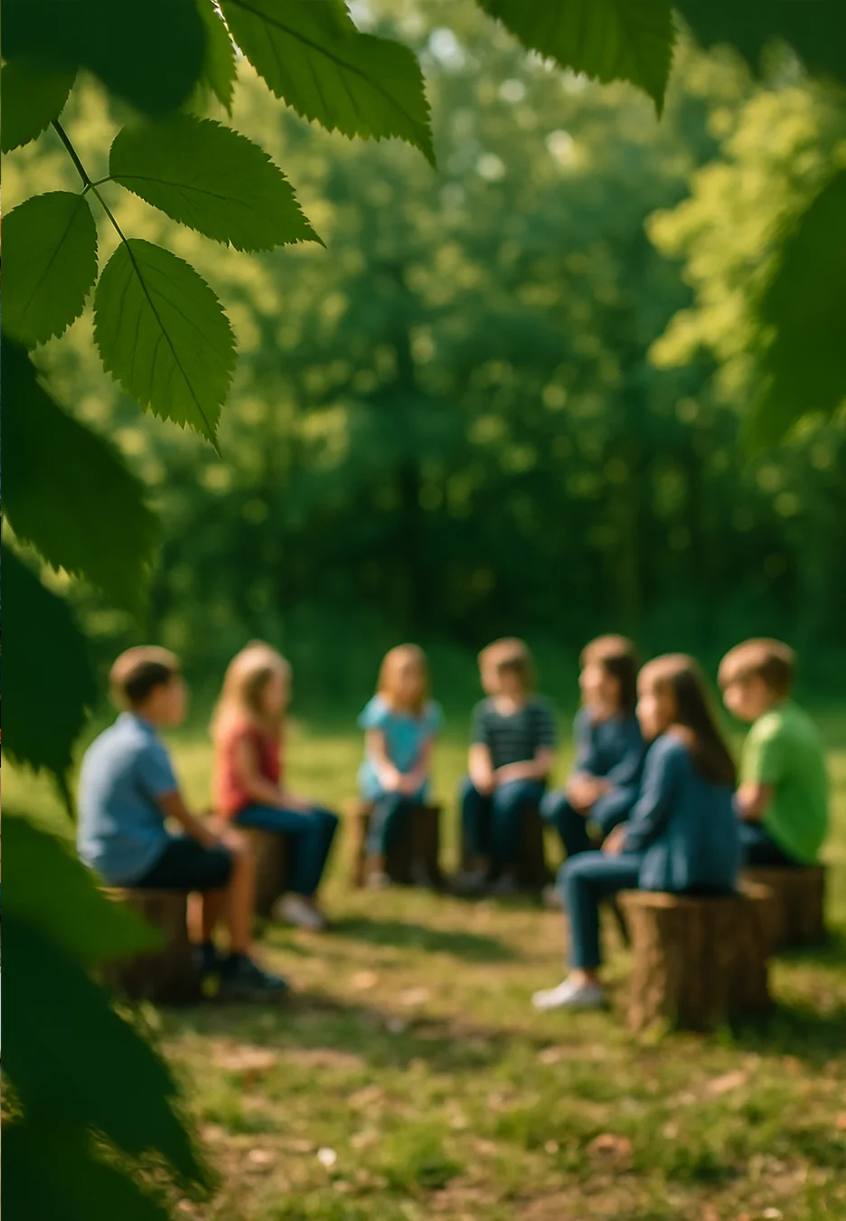 Mehrere Kinder sitzen im Kreis auf Baumstämmen auf einer Wiese im Wald. Im Vordergrund sind grüne Blätter deutlich zu sehen, während die Kinder im Hintergrund unscharf dargestellt sind. Die Szene vermittelt eine ruhige, naturnahe Atmosphäre.