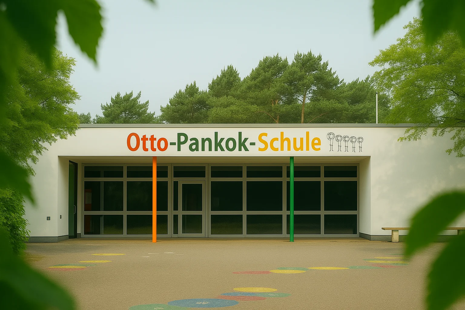 Frontansicht der Otto-Pankok-Schule Drevenack im Hochformat, eingerahmt von unscharfen grünen Blättern im Vordergrund. Auf dem Schulhof führen bunte Kreise mit Zahlen zur Eingangstür, das Schulgebäude ist von Bäumen umgeben.