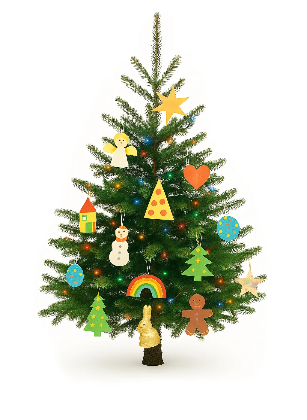 Weihnachtsbaum mit von den Kindern selbst gebasteltem Baumschmuck, wie zum Beispiel bunten Papieranhängern in Form von Stern, Herz, Engel, Schneemann, Regenbogen, und weiteren Figuren.
