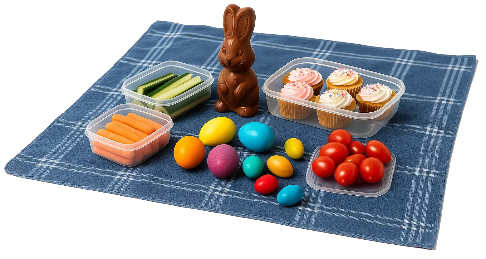 Picknickdecke mit bunten Ostereiern, Schokohase, Cupcakes, Tomaten, Gurken- und Möhrensticks in Dosen.
