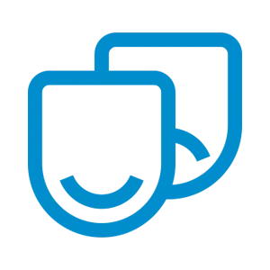 Zwei blaue Theatermasken als Symbol – eine lachend, eine neutral