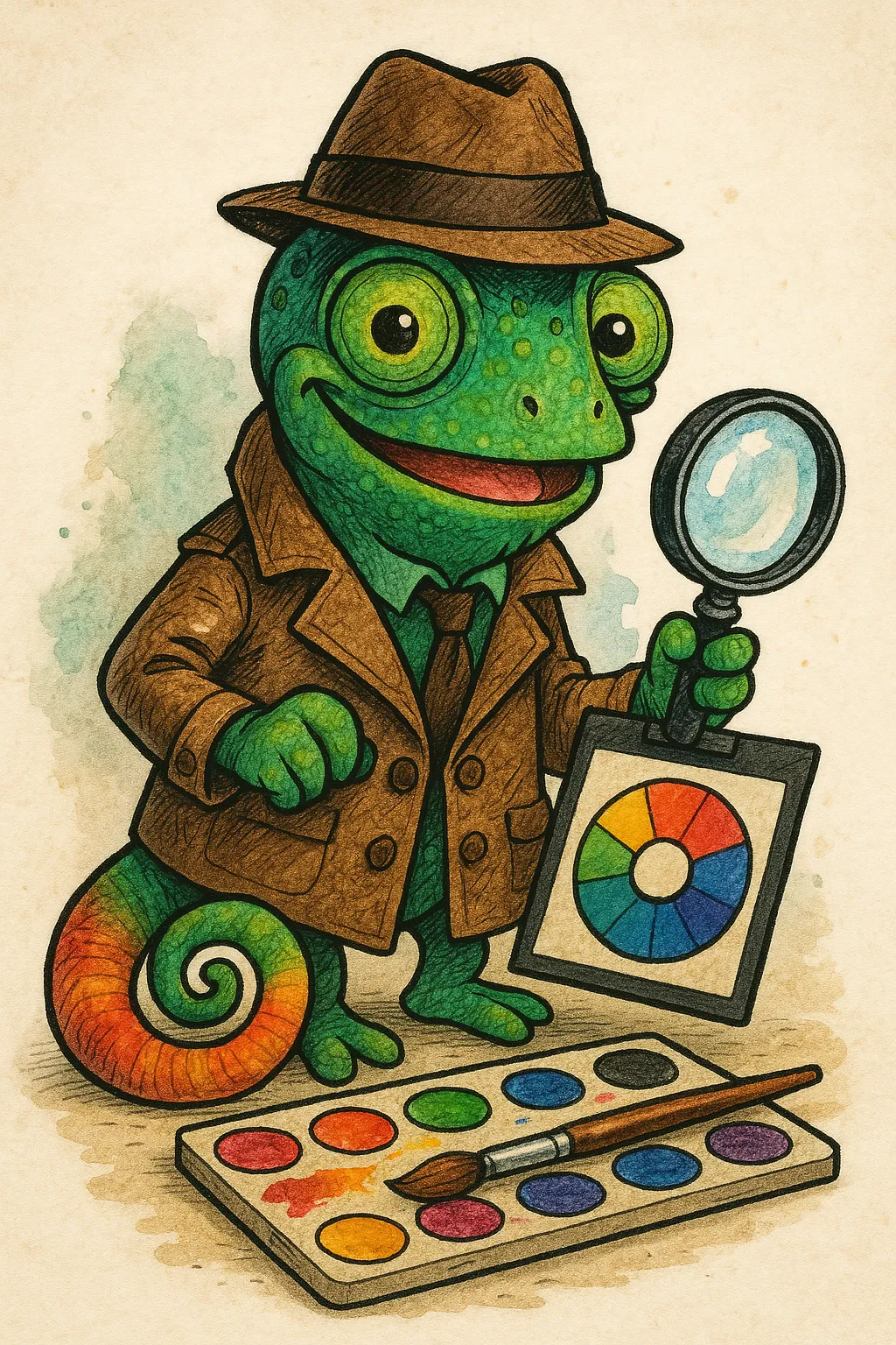 Ein bunt gezeichnetes Chamäleon mit braunem Trenchcoat und Hut steht lächelnd vor einer Farbpalette. Es hält eine Lupe und eine Farbkreis-Tafel in den Händen