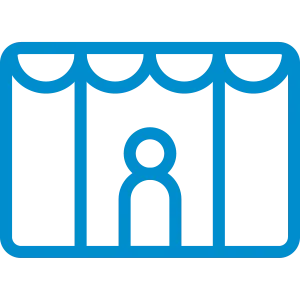 Symbolgrafik eines Theaters mit Vorhang und einer stilisierten Figur auf der Bühne 